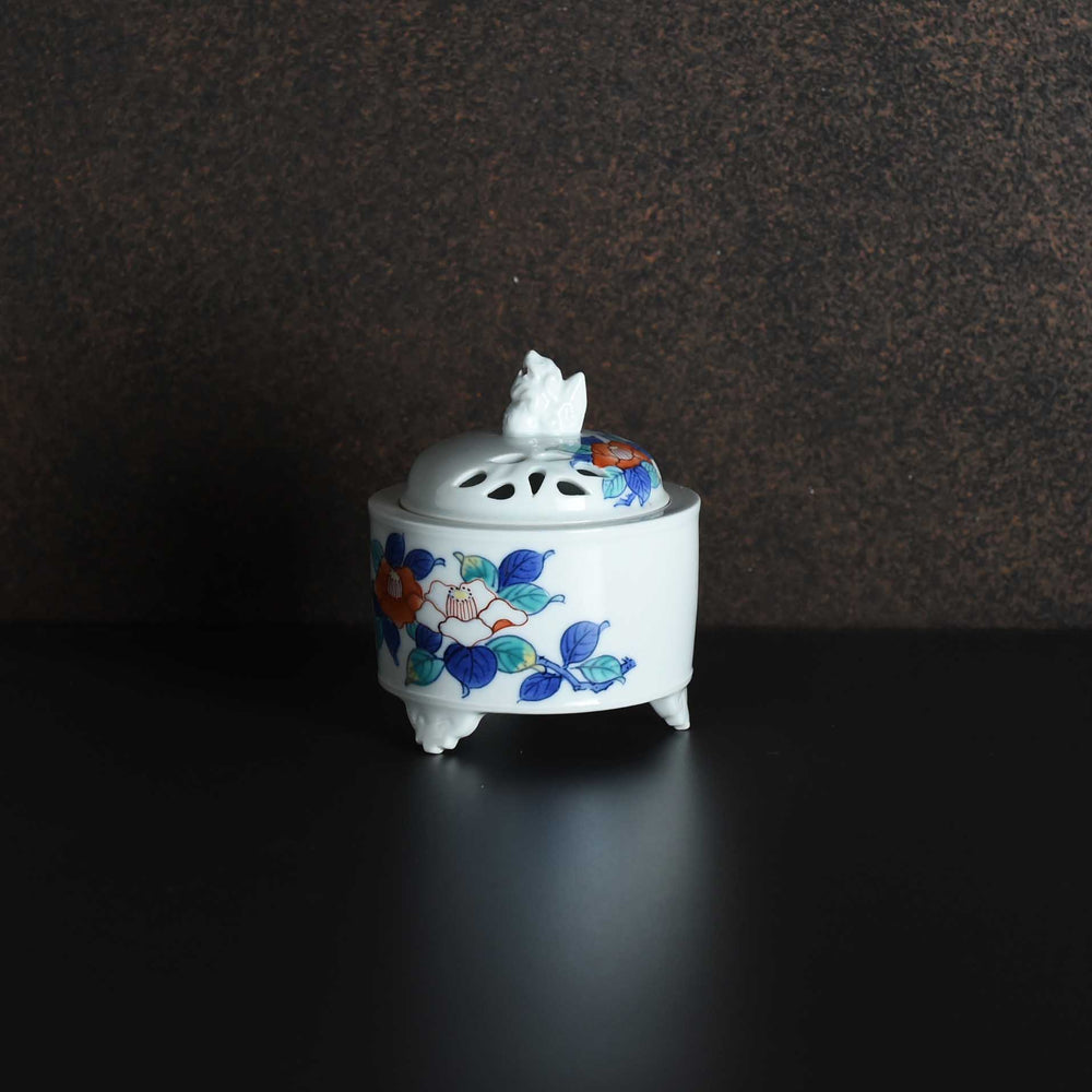 染錦椿竹筒小香炉
